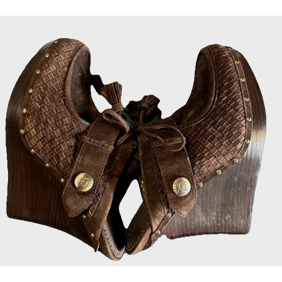 L.A.M.B. Brown Suede Woven High 5" Wedge Heels Mule Tassell Shoes Womens 6.5? - Picture 6 of 11